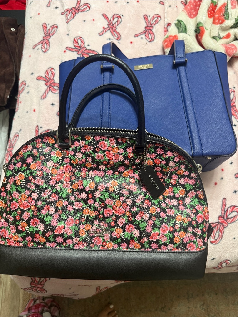 2 Coach Black Floral Dome Satchel with Pink & Green Flowers